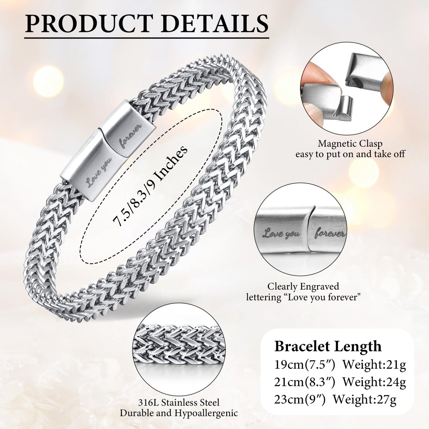 Dad Gifts for Father's Day - 8.5 Inches Stainless Steel Franco Chain Bracelet Engraved Love You Forever, Men's Bracelets Present for Daddy from Daughter Son Wife, Gift for Dad Birthday Christmas