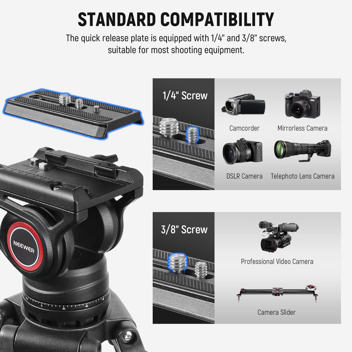 - NEEWER 74 Inch Pro Video Tripod | Fluid Head | QR Plate Compatible -