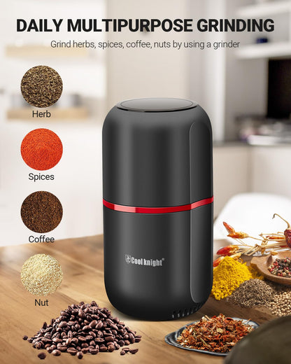 COOL KNIGHT Coffee Grinder Electric,Spice Grinder, Electric Coffee Grinder with 304 Stainless Steel Blade, Suitable for Coffee Beans, Spices, Herbs, Grain, Nuts.