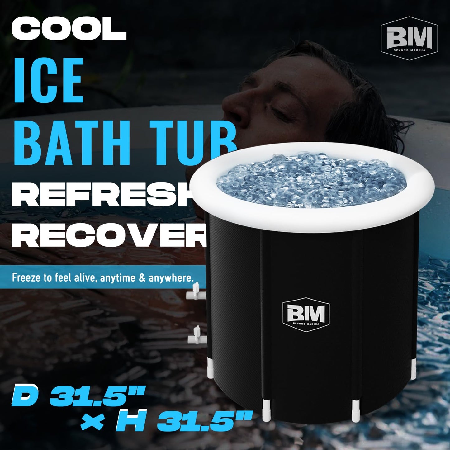 BEYOND MARINA Ice Bath Tub Cold Plunge - 2 Valves, XL Ice Plunge Tub for Athletes Outdoor, 31.5"H Inflatable Recovery Bathtub for Adults, Multiple Layered, 106 Gallons Capacity