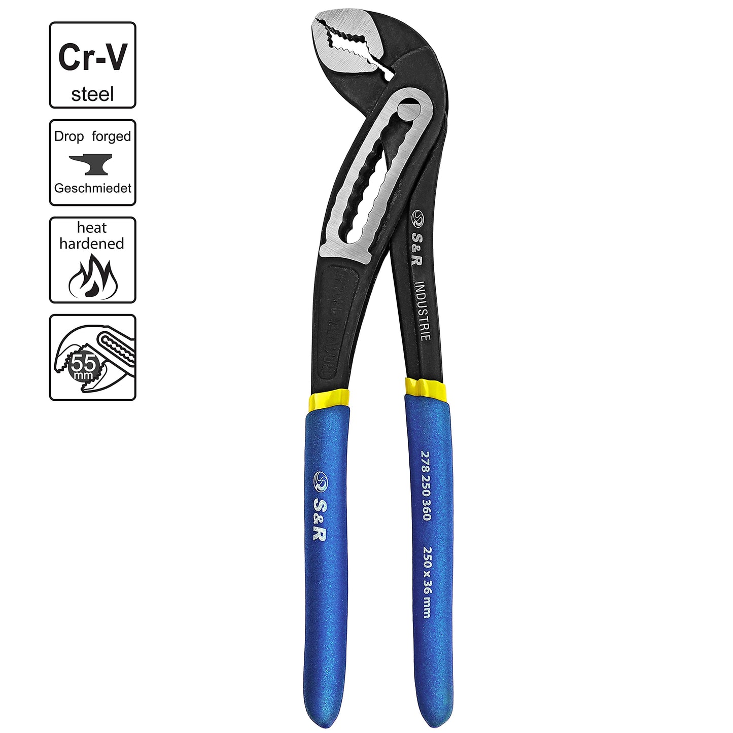 - S&R Water pump pliers | Pipe Wrench 250 x 36 mm | CR-V Steel Phosphatised | Opening width 55 mm -