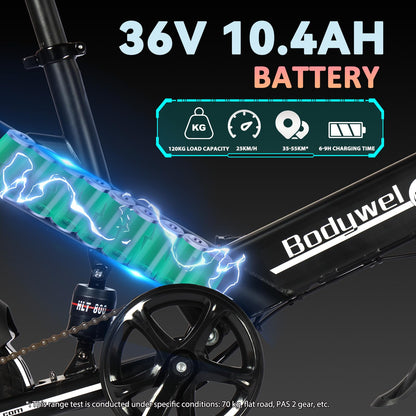 Bodywel T16 Folding Electric Bike, 16" Portable E-bike with 36V/10.4Ah Battery, 250W Motor, Dual Disc Brakes, LED Display, Front Suspension, City Commuter Electric Bicycle for Adults