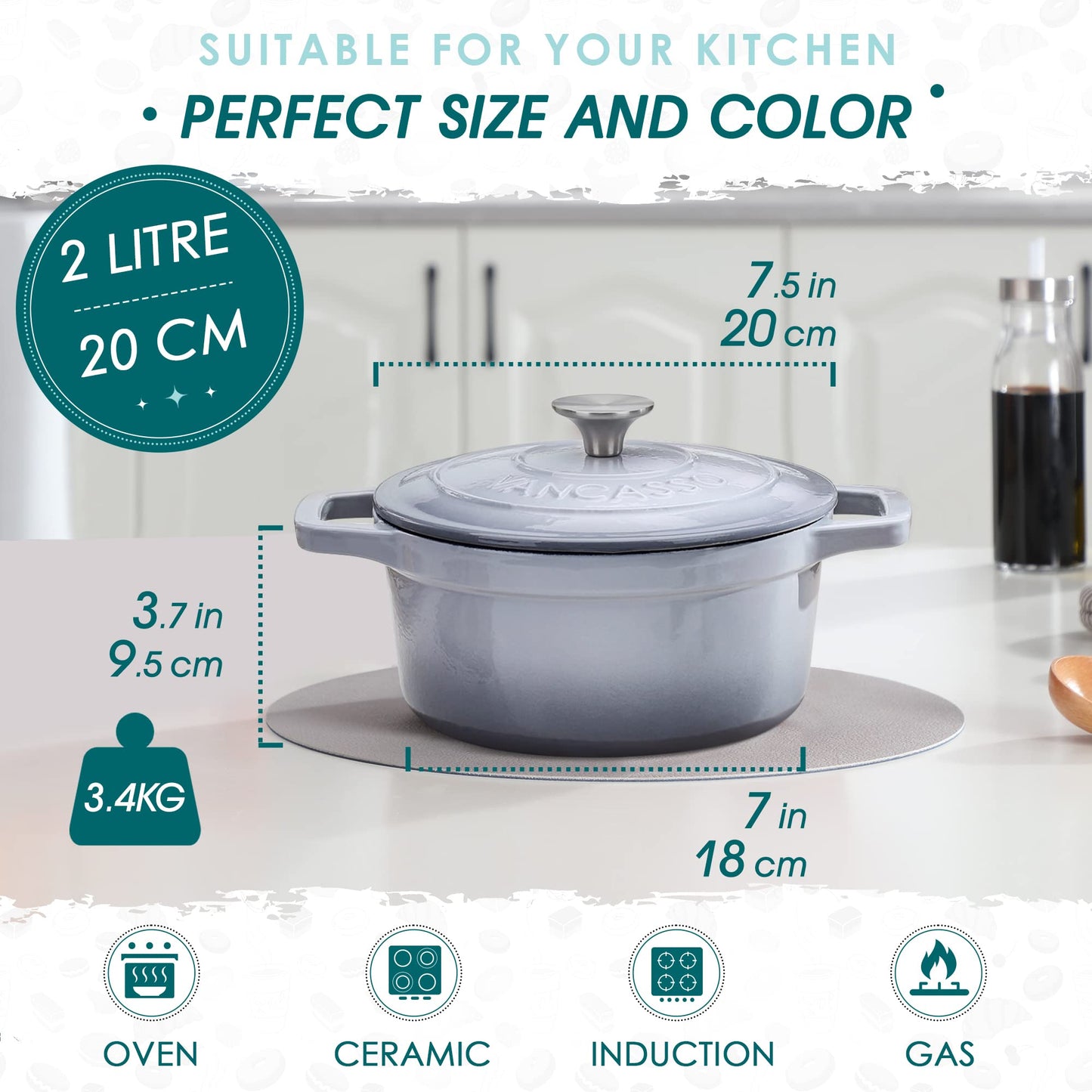 - Vancasso Dutch Oven, 2L Grey Cast Iron Pot with Stainless Steel Knob Lid, Naturally Non-Stick - 20cm -