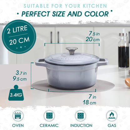 - Vancasso Dutch Oven, 2L Grey Cast Iron Pot with Stainless Steel Knob Lid, Naturally Non-Stick - 20cm -