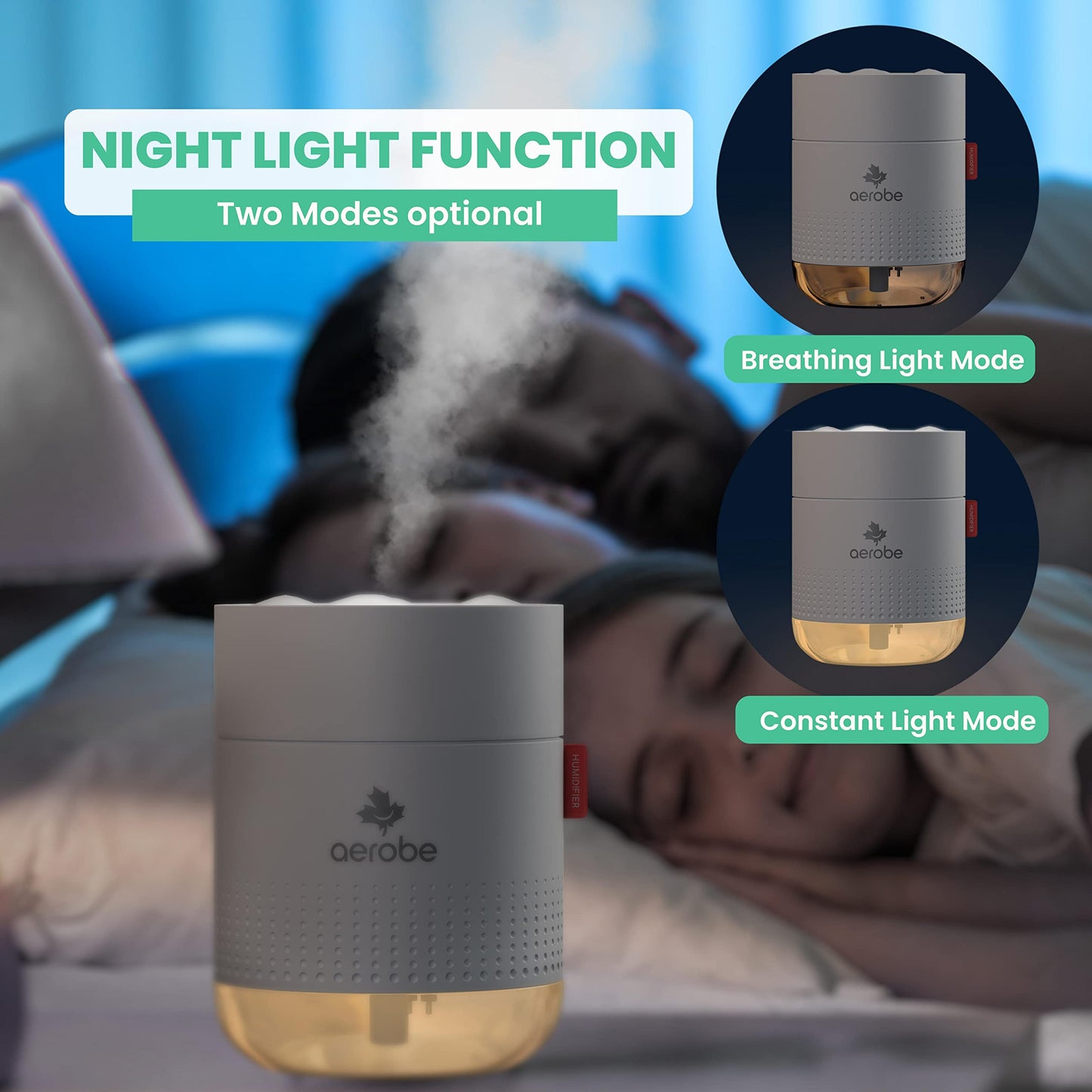 Aerobe Humidifier - Air Humidifier For Bedroom 500ML Cool Mist Humidifiers For Home Mini Humidifier Plant Humidifier For Indoor Plants Soothing Warm Night Light Perfect For Serene Environment