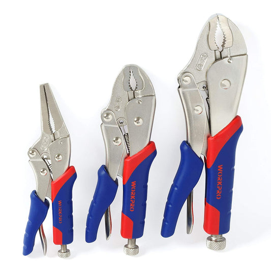 - WORKPRO Locking Pliers Set, CR-V Steel Mole Grips, Quick-Release & Self-Locking with Soft Grip, 10-Inch & 7-Inch Curved Jaw, 6-1/2 Inch Straight Jaw, 3-Piece