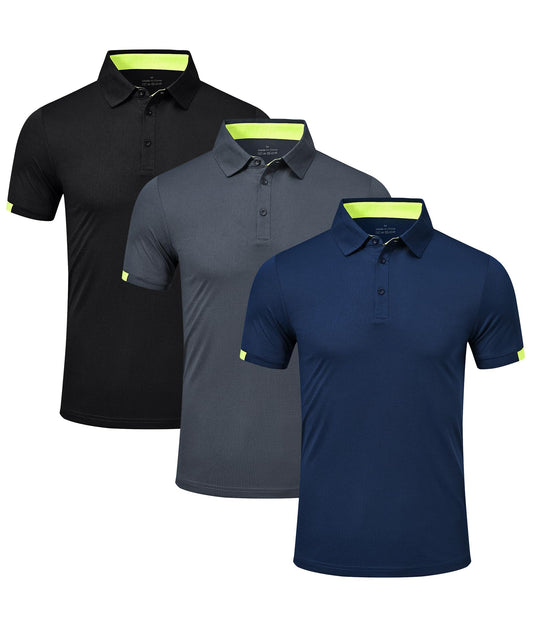 Csqtongan 3 Pack Men's Golf Polo Shirts Short Sleeve Breathable Polo T Shirts Multipack, Black/Grey/Navy 3XL