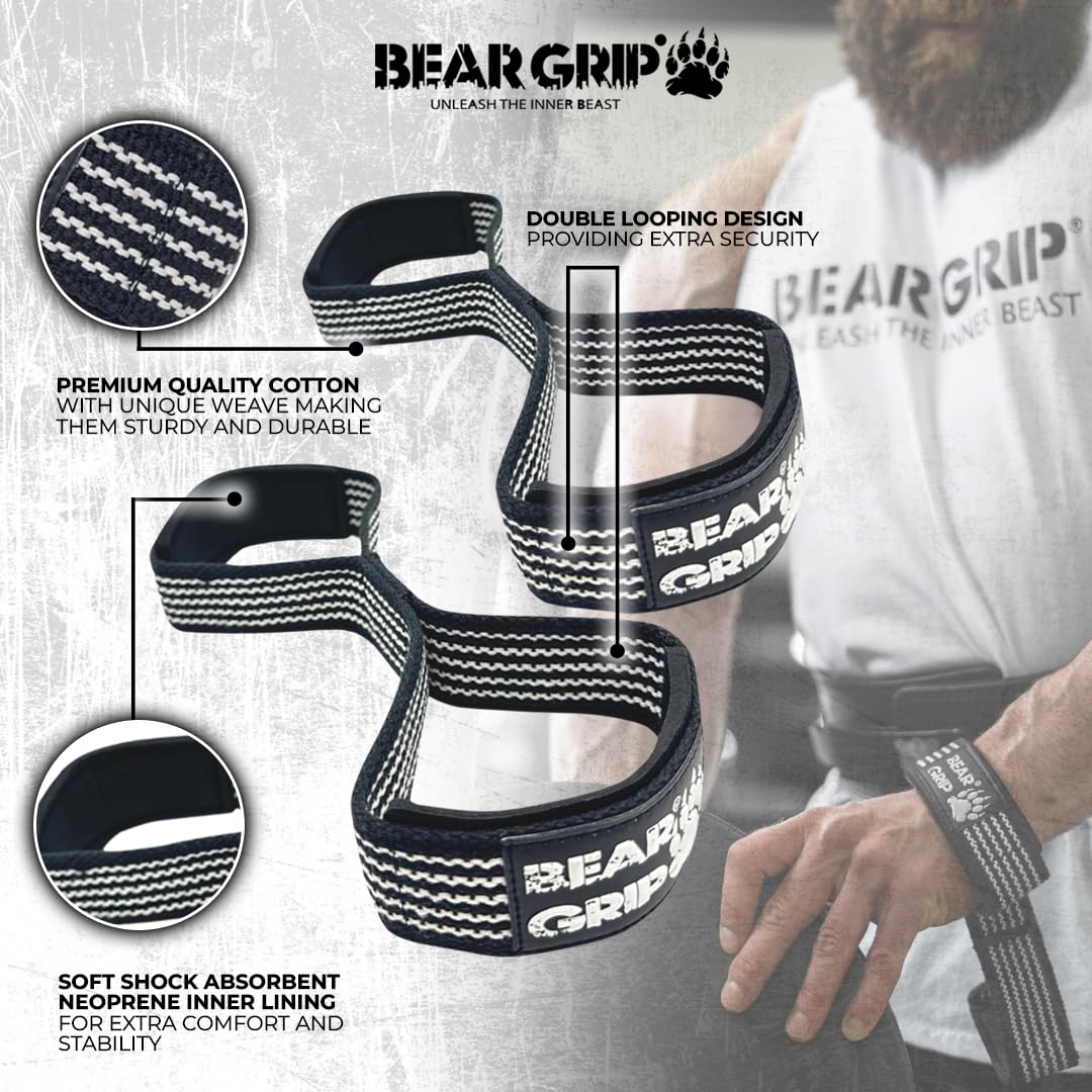 BEAR GRIP - Premium Figure 8 weight lifting straps (sold in pairs) (Black/White)
