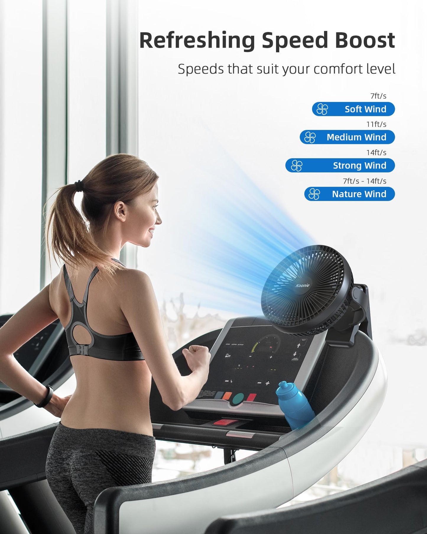 - Koonie 10000mAh Rechargeable Portable Fan | 8 Inch Battery Operated Clip on Fan | USB Fan | 4 Speeds -