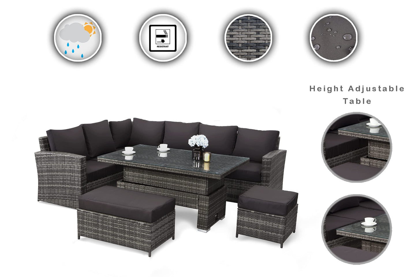 9 Seater Rattan Garden Furniture Set with Height Adjustable Rising Table - Outdoor Furniture Rattan Corner Sofa - Garden Furniture Sets - FREE COVER INCLUDED (Dark Grey Mixed with Dark Grey Cushions)