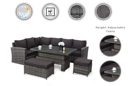 9 Seater Rattan Garden Furniture Set with Height Adjustable Rising Table - Outdoor Furniture Rattan Corner Sofa - Garden Furniture Sets - FREE COVER INCLUDED (Dark Grey Mixed with Dark Grey Cushions)