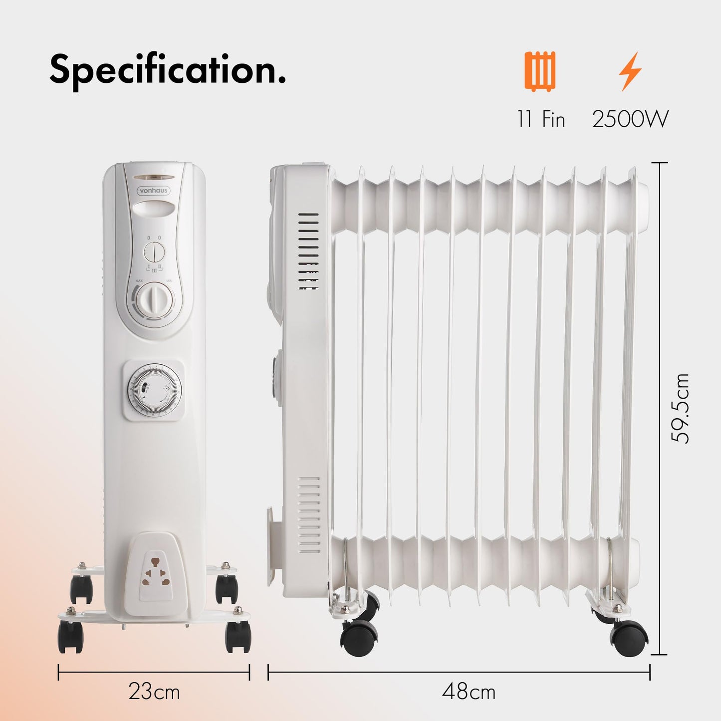 = VonHaus Oil Filled Radiator 11 Fin, Heater Portable Electric Free Standing 2500W for Home, Office, Any Room
