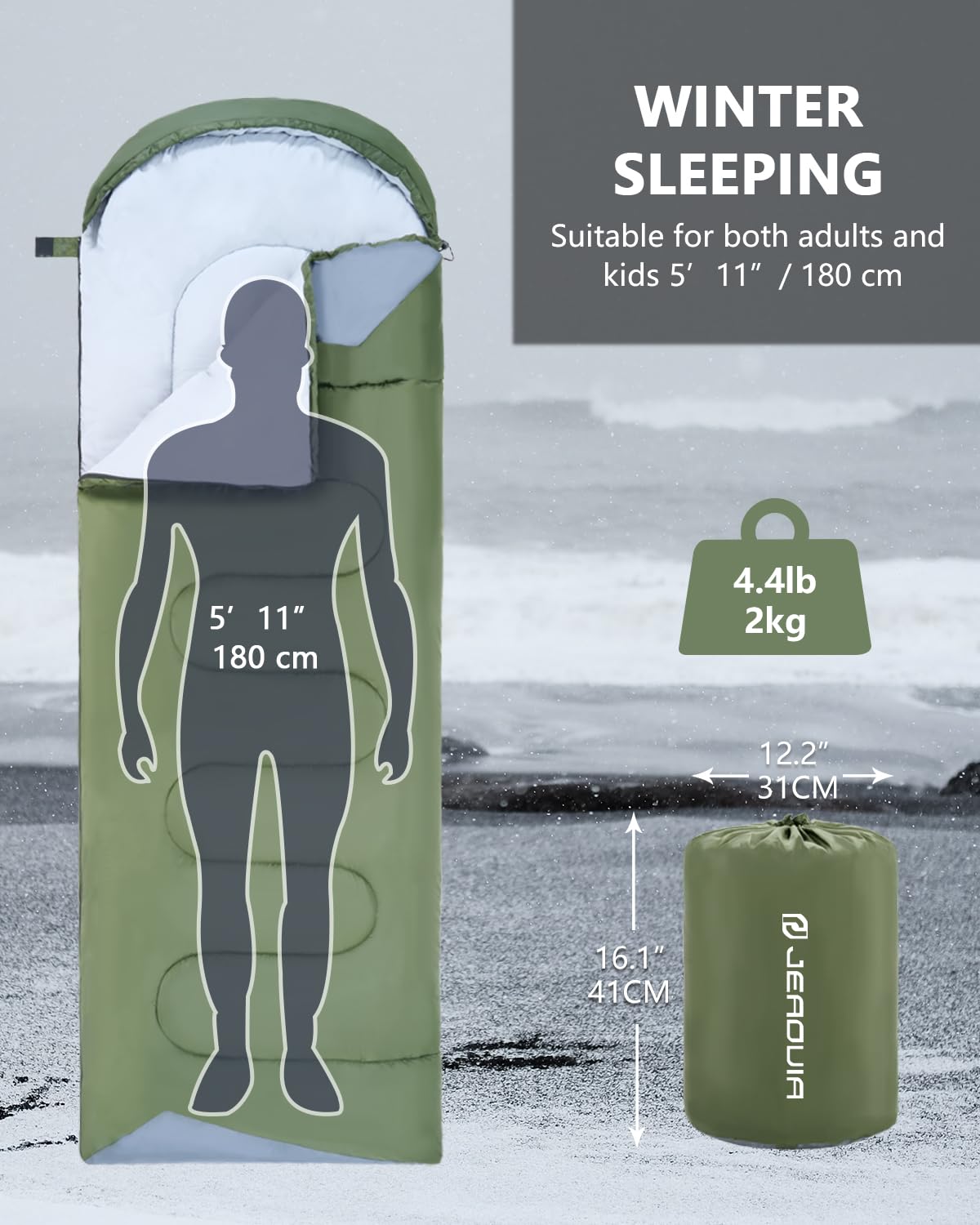 - JEAOUIA Sleeping Bags for Adults  | Cold Weather Winter Compact Backpack Sleeping Bag | Carry Bag -