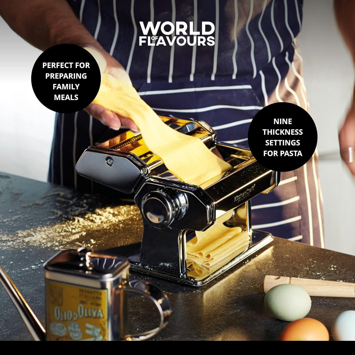 -World of Flavours Pasta Maker, Manual Pasta Machine with 9 Adjustable Thickness, Italian Deluxe Double Cutter, Stainless Steel
