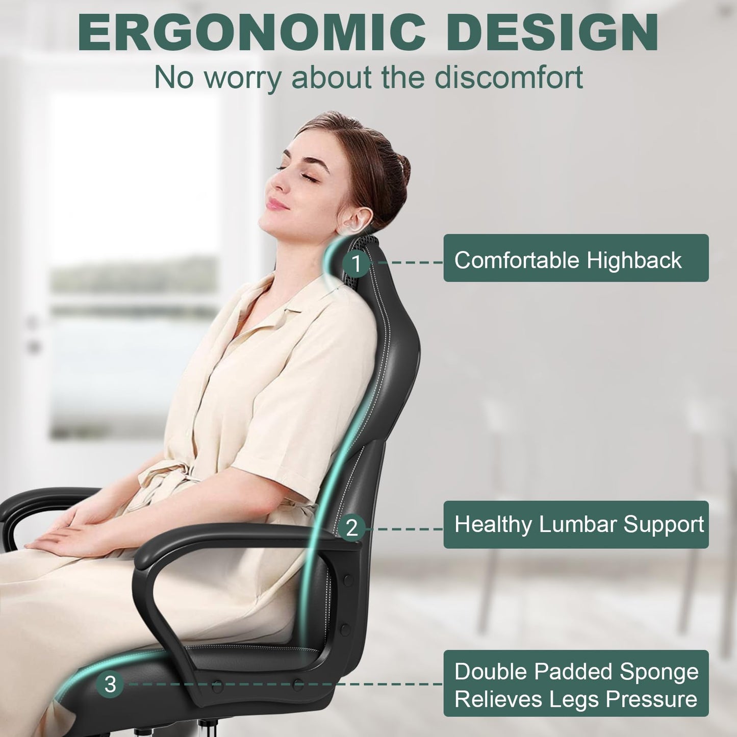 BASETBL Office Chair Executive Chair, High Back Racing Style Ergonomic Swivel Chair for Home Gaming Business, Lumbar Support PU Leather Adjustable Height Durable Comfy Chair Easy to Assemble (Black)