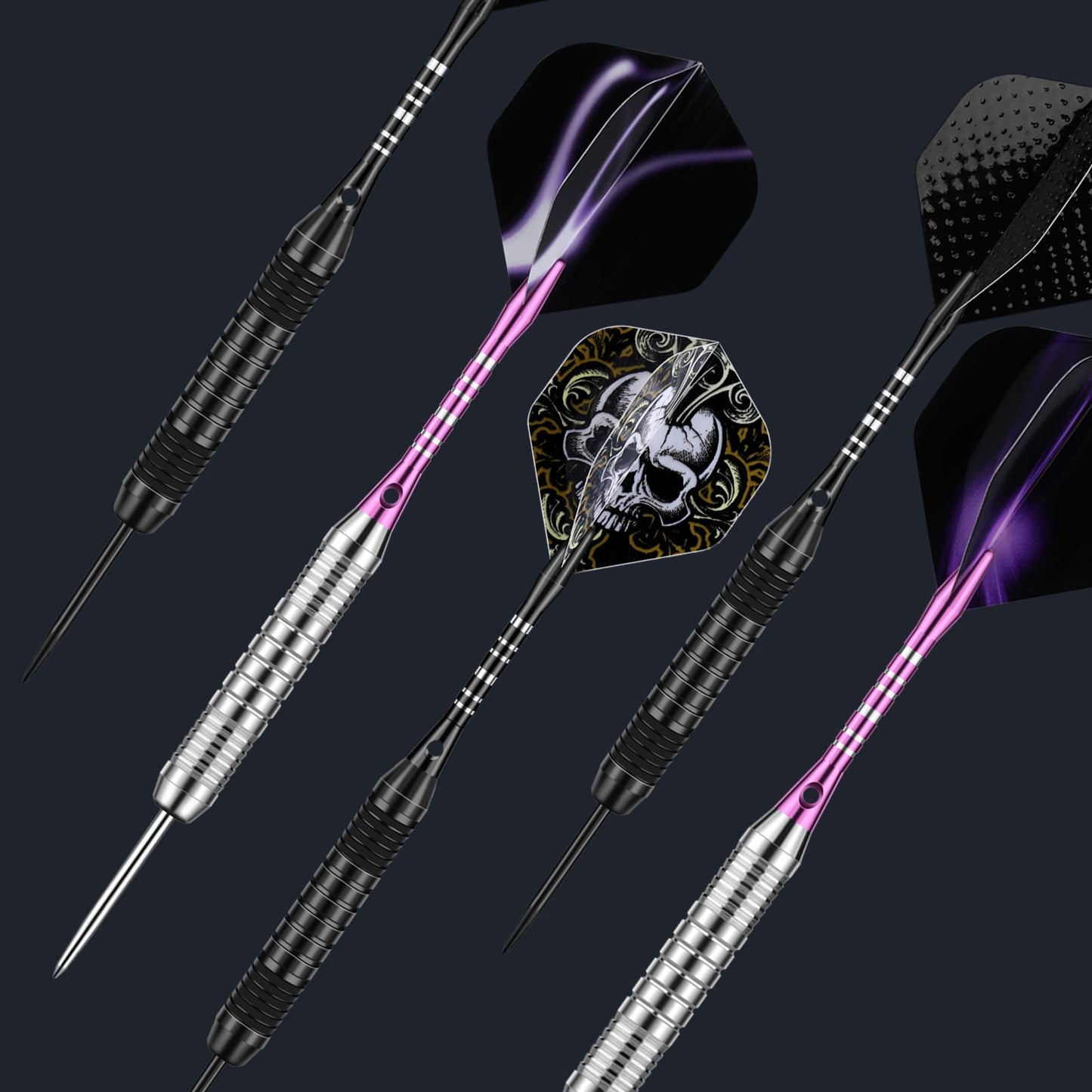 DARTSPACE 12 Pack Steel Tip Darts Set 22 24 Grams, Metal Tip Darts with Premium Black Purple Darts Stem 24 Flights Extra 50 Rubber O-Rings 1 Dart Sharpener Tool Kit for Dart Board