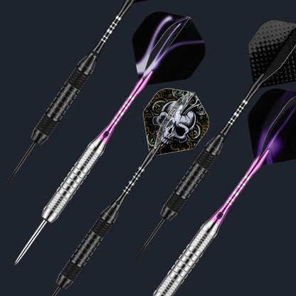 DARTSPACE 12 Pack Steel Tip Darts Set 22 24 Grams, Metal Tip Darts with Premium Black Purple Darts Stem 24 Flights Extra 50 Rubber O-Rings 1 Dart Sharpener Tool Kit for Dart Board