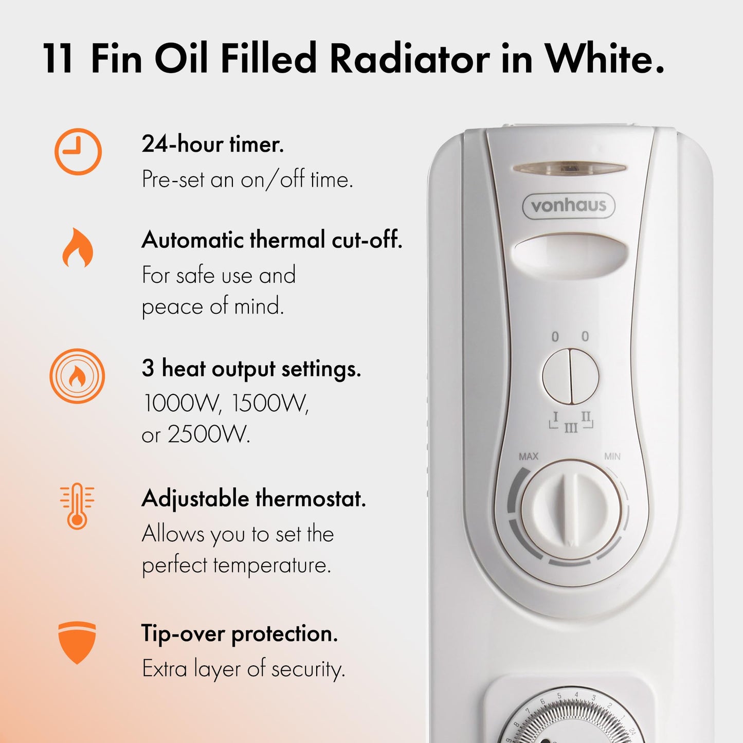 = VonHaus Oil Filled Radiator 11 Fin, Heater Portable Electric Free Standing 2500W for Home, Office, Any Room