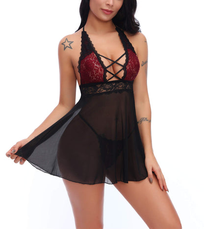 Charmnight Women Sexy Lingerie Babydoll Nightwear Lace Sleepwear Underwear Set (Black-L)