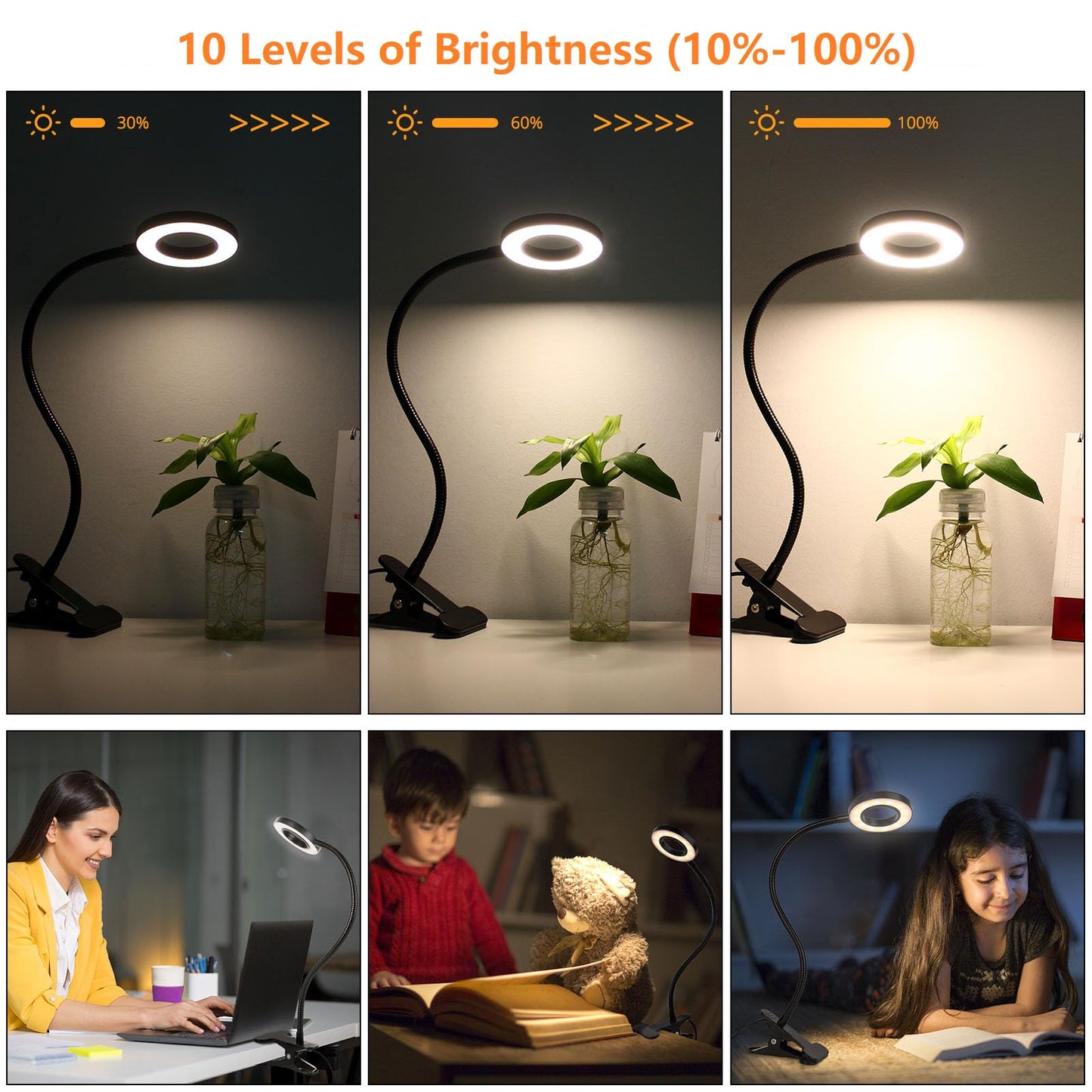 - Woputne Desk Lamp Clip Light, 10 Dimmable Brightness 3 Light Modes Reading Light