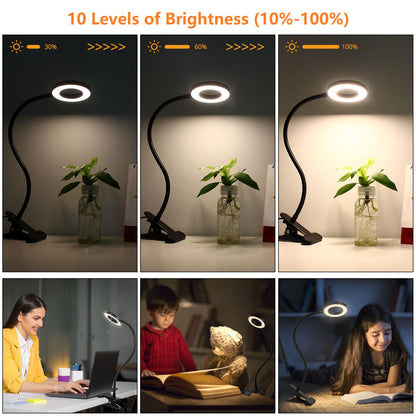 - Woputne Desk Lamp Clip Light, 10 Dimmable Brightness 3 Light Modes Reading Light