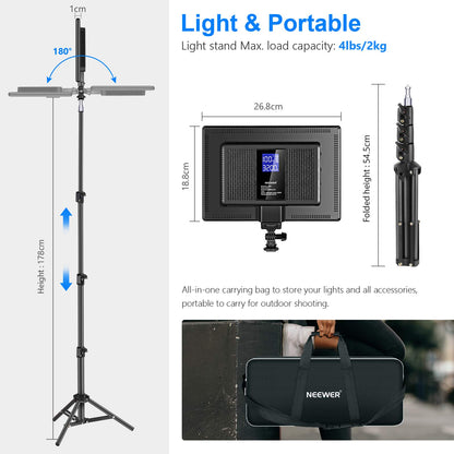 - Neewer LED Video Lighting Kit | 70inch Light Stand | 2-Pack 384 LED Soft Video Light -