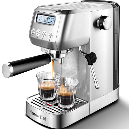 AMZCHEF 20 Bar Espresso Coffee Machines with LCD Panel and Steam Milk Frother, Compact Cappuccino and Latte Machine, All In One Coffee Machine for Home Use with 1.3L Removable Water Tank, 2 Filters