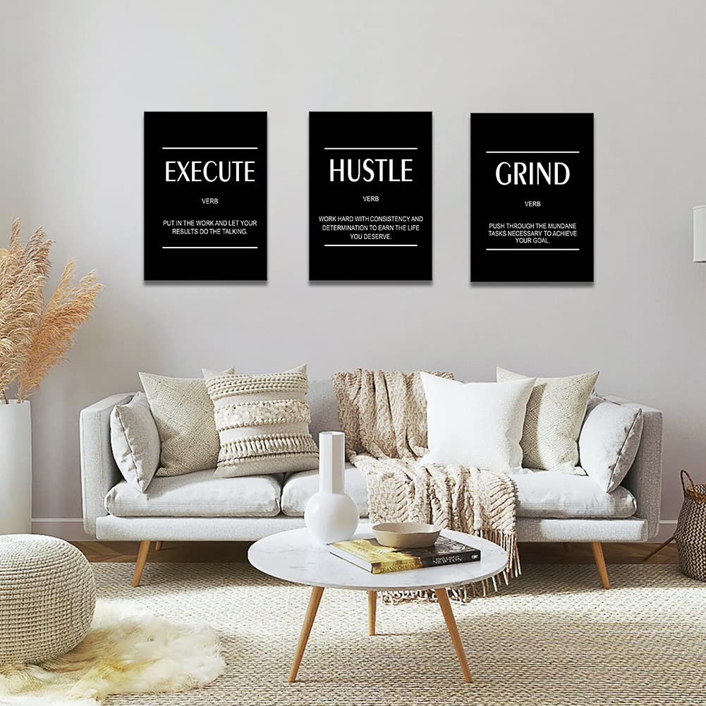 Artscope 3 Pieces Inspirational Motivational Words Wall Art Canvas Prints - Execute Hustle Grind Picture Painting - Modern Wall Artwork Framed for Gifts Bathroom Living Room Office Decor - 30 x 40 CM