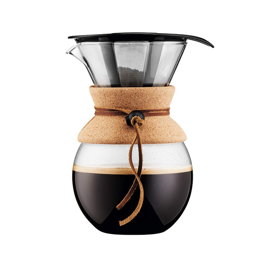 Bodum 34oz Pour Over Coffee Maker, High-Heat Borosilicate Glass with Reusable Stainless Steel Filter and Cork Grip - Made in Portugal