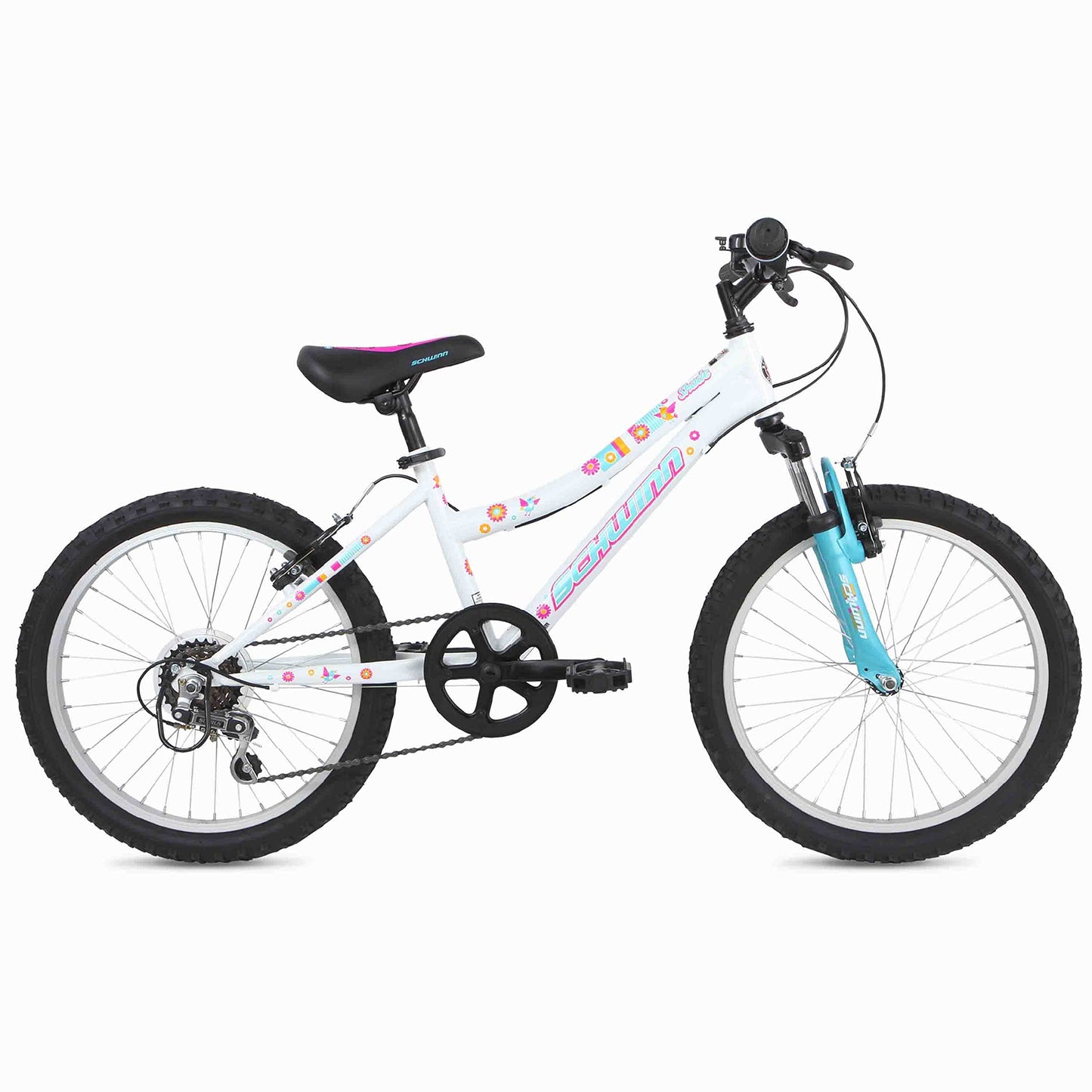 - Schwinn Shade Kids Mountain Bike | 20-Inch Tyres | 12.25-Inch Frame | Front Suspension | 6 Speed Shifters | V-Brakes | Recommended Ages 5 - 8 Years | White -