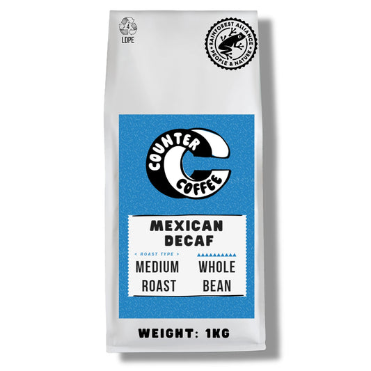 Counter Coffee | Mexican Decaf Whole Beans | Chemical-Free Decaffeinated | 100% Arabica Beans Medium Roasted | Rainforest Alliance Certified | Perfect for Afternoons | 1KG Whole Bean