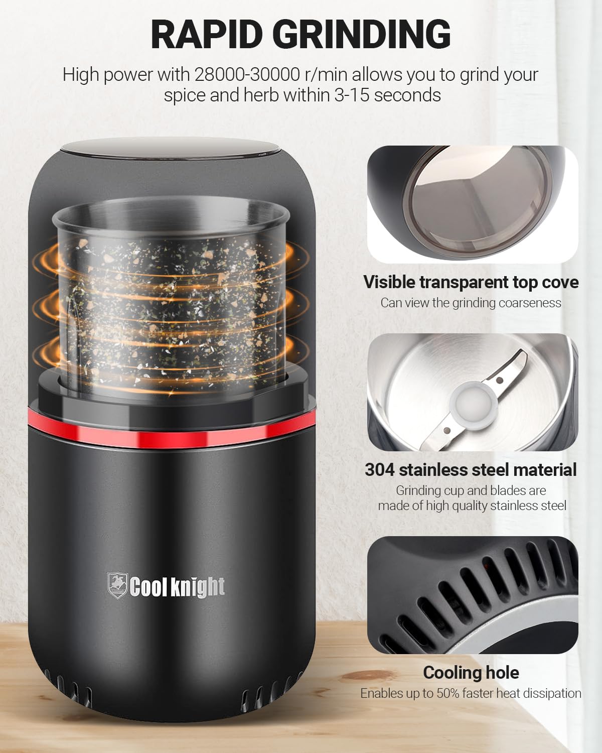 COOL KNIGHT Coffee Grinder Electric,Spice Grinder, Electric Coffee Grinder with 304 Stainless Steel Blade, Suitable for Coffee Beans, Spices, Herbs, Grain, Nuts.