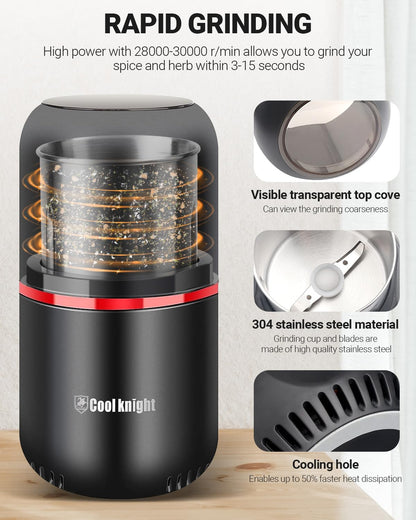 COOL KNIGHT Coffee Grinder Electric,Spice Grinder, Electric Coffee Grinder with 304 Stainless Steel Blade, Suitable for Coffee Beans, Spices, Herbs, Grain, Nuts.