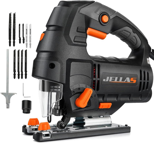 - Jig Saw | Jellas 800W 3000 SPM Electric Jigsaw tool with 10 Piece T-Shank Blades | LED Light, 6 Variable Speed | 4 Orbital Sets | 0°-45° Bevel Cutting -