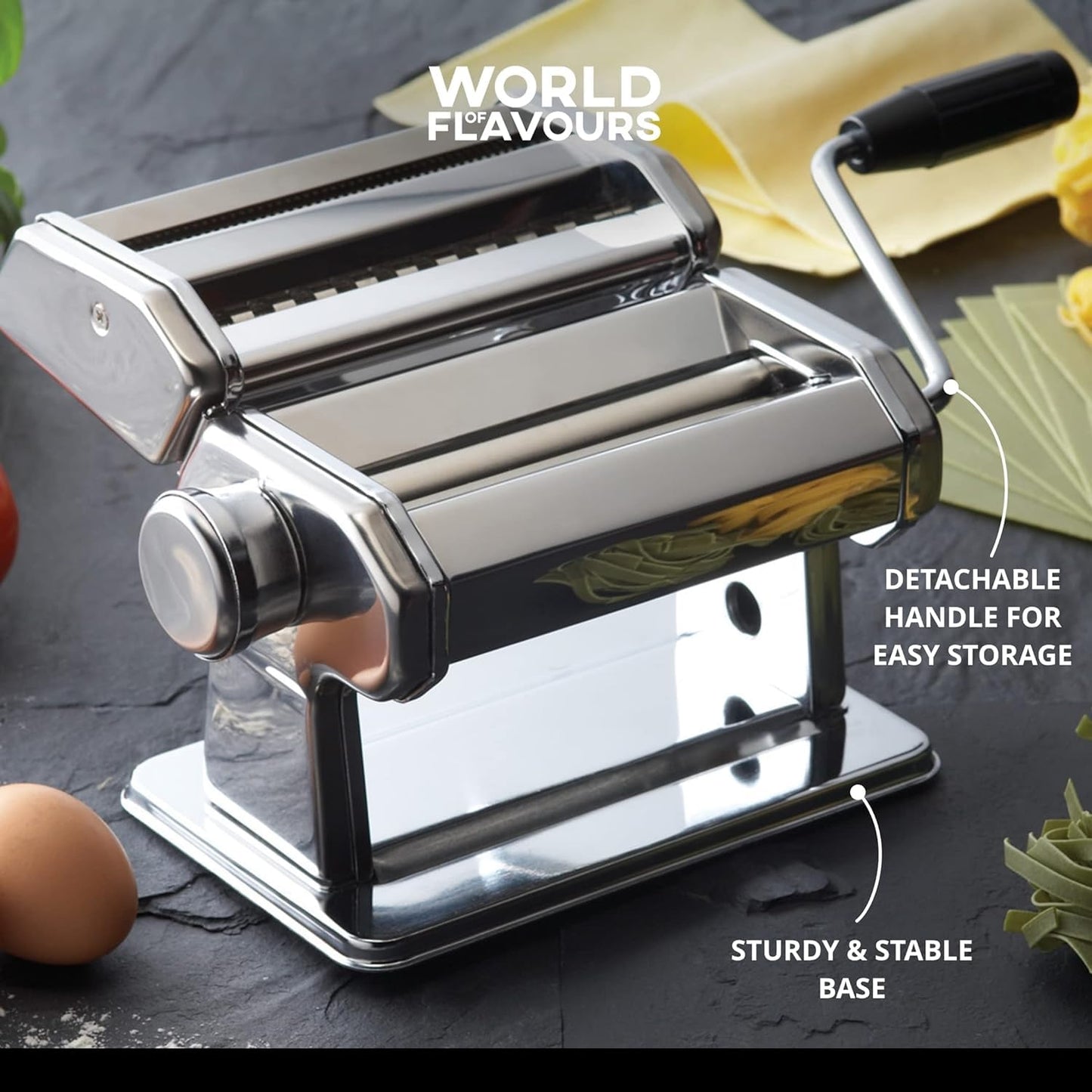 -World of Flavours Pasta Maker, Manual Pasta Machine with 9 Adjustable Thickness, Italian Deluxe Double Cutter, Stainless Steel