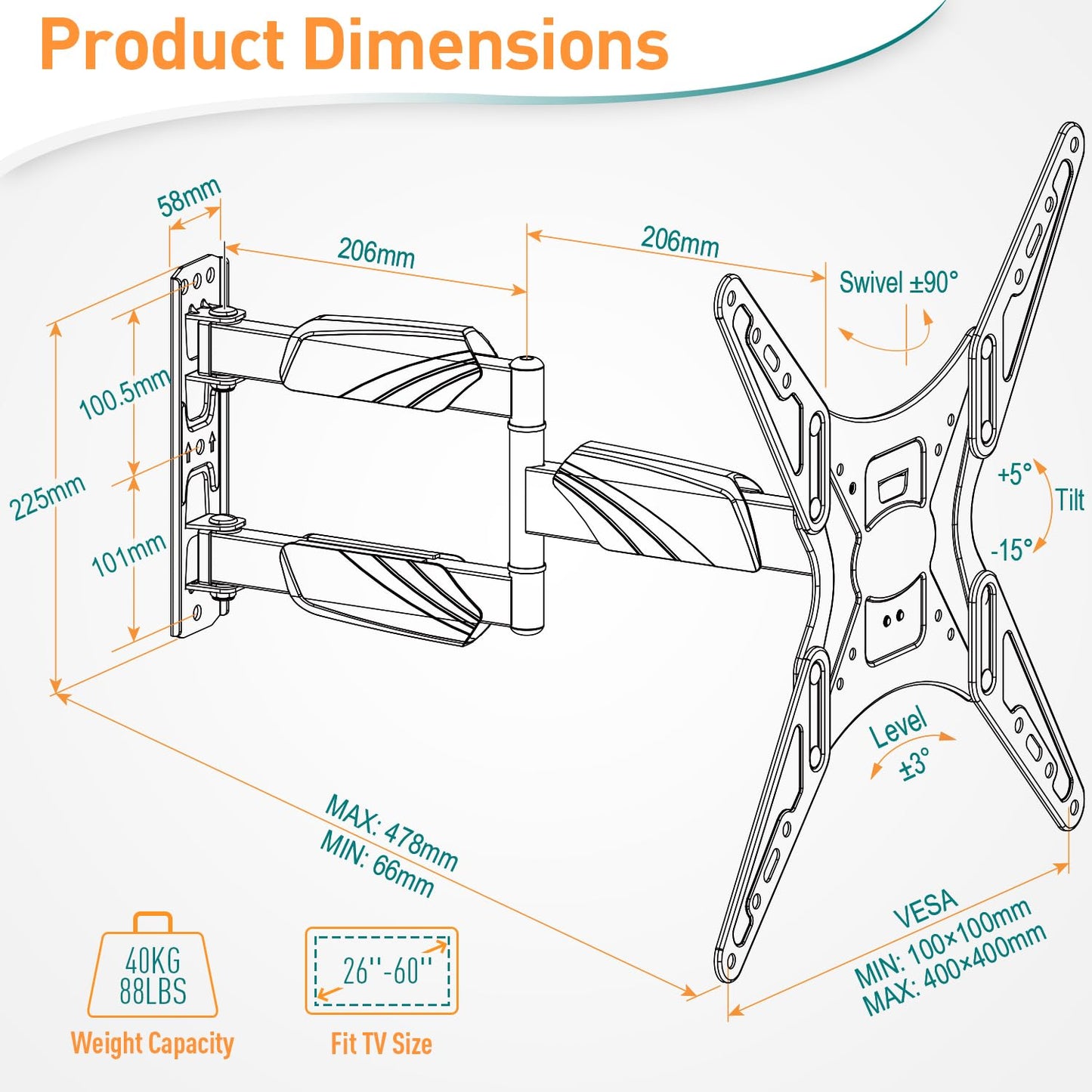 - ELIVED TV Wall Bracket for Most 26-60 inch TVs | Tilt and Swivel Wall Mount -