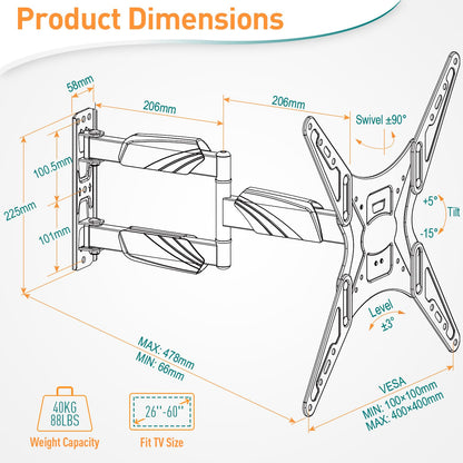 - ELIVED TV Wall Bracket for Most 26-60 inch TVs | Tilt and Swivel Wall Mount -