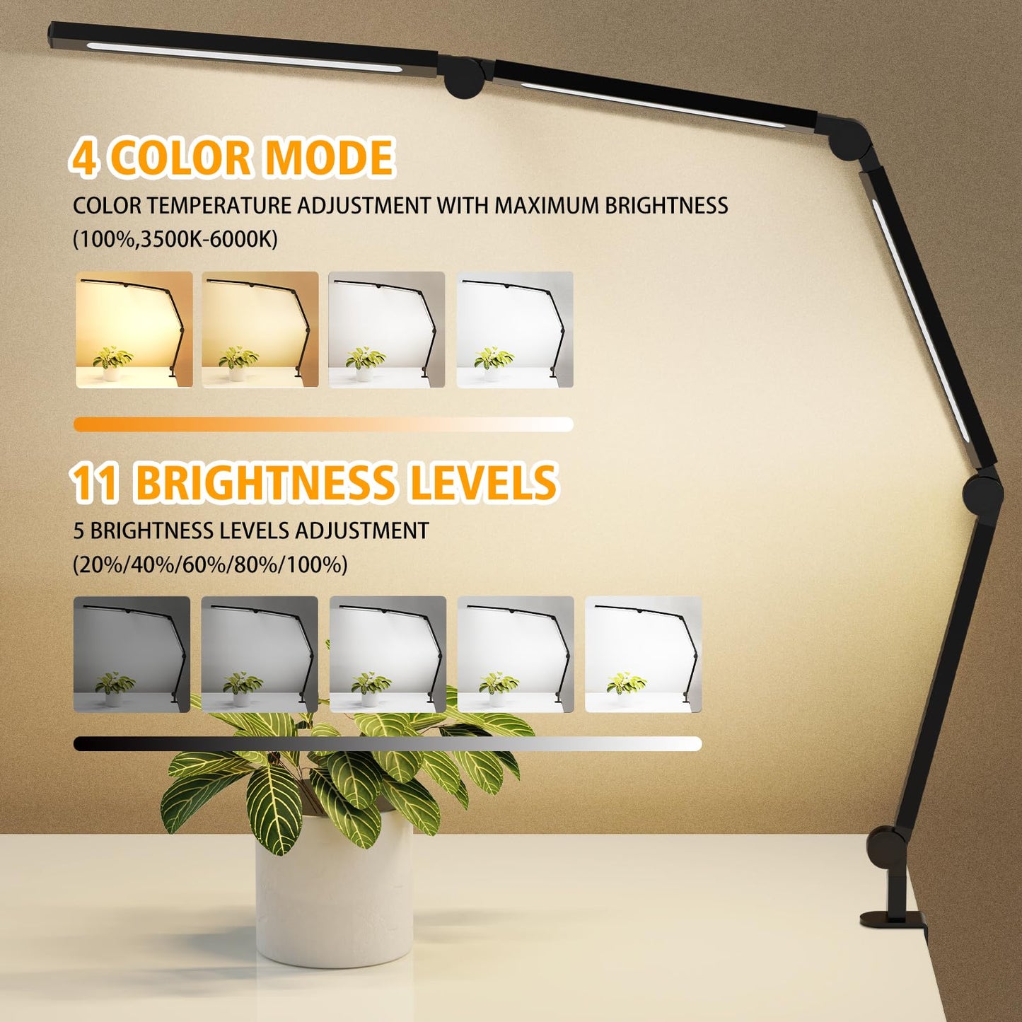 AILBTON LED Desk Lamp with Clip,Multi-Angle Flexible 4 Sections 3 Light Sources Office Desk Lamp,4 Color Temperatures and 5 Brightness Levels,Night Eye Care Table Lamp