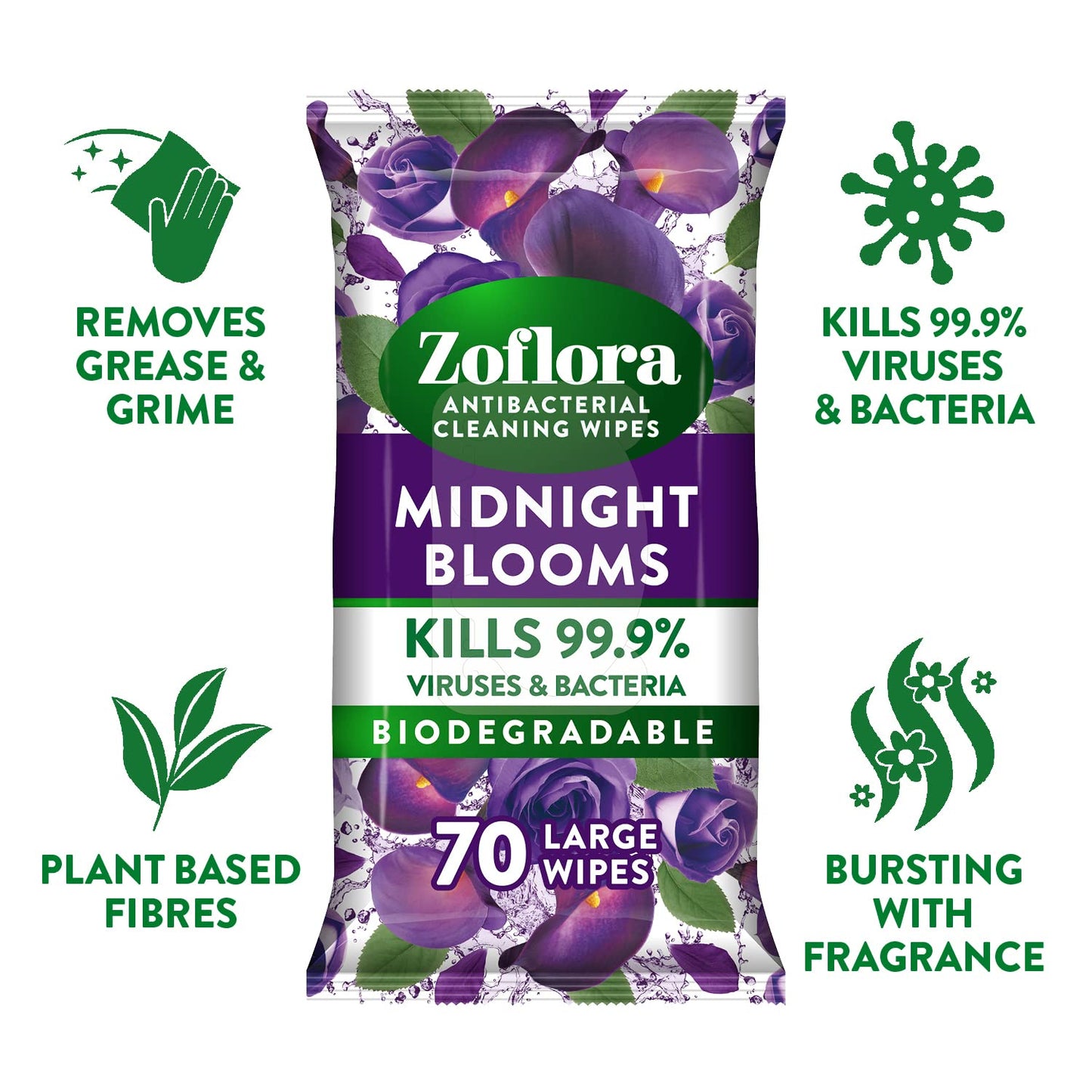 - Zoflora Midnight Blooms Biodegradable Wipes, Antibacterial Multi-surface Cleaning Wipes, Kills 99,9% of Bacteria & Viruses, Convenient, Quick Cleaning, 6 Pack, 70 Wipes per Pack (420 Sheets)