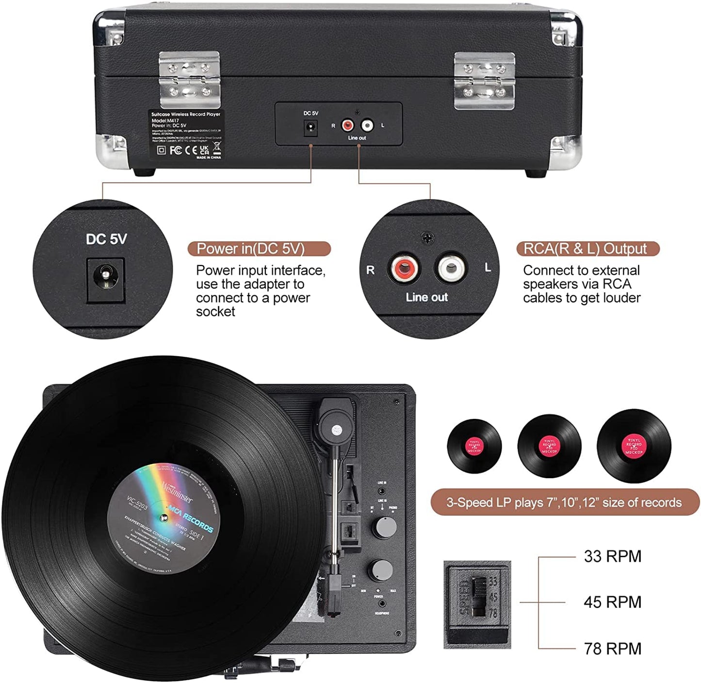- DIGITNOW!Three Speeds Turntable Retro Record Player with Built-in Stereo Speakers -