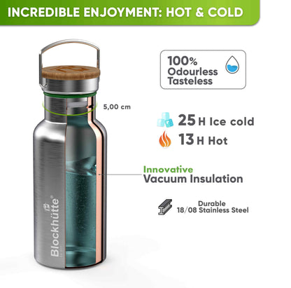 Blockhütte Stainless Steel Water Bottle I 750ml I Insulated Metal Flask, BPA Free, Leakproof, Dishwasher Safe, Ideal for Gym, Travel, Cold Drinks, Reusable, with Natural Cleaning Brush