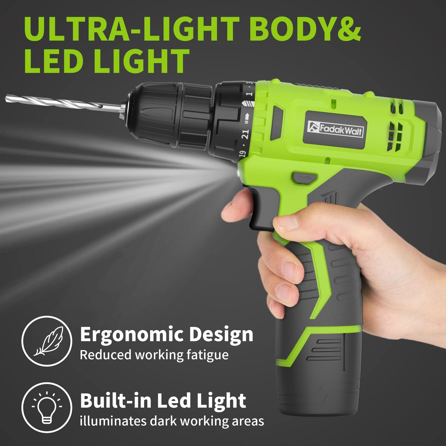- FADAKWALT 12V Cordless Drill, Battery Power Drill Drivers | 3/8” inch Keyless Chuck | Electric Screwdriver Kit | 21+1 Torque Setting | Combi Drill with Li-Ion Battery and Charger -