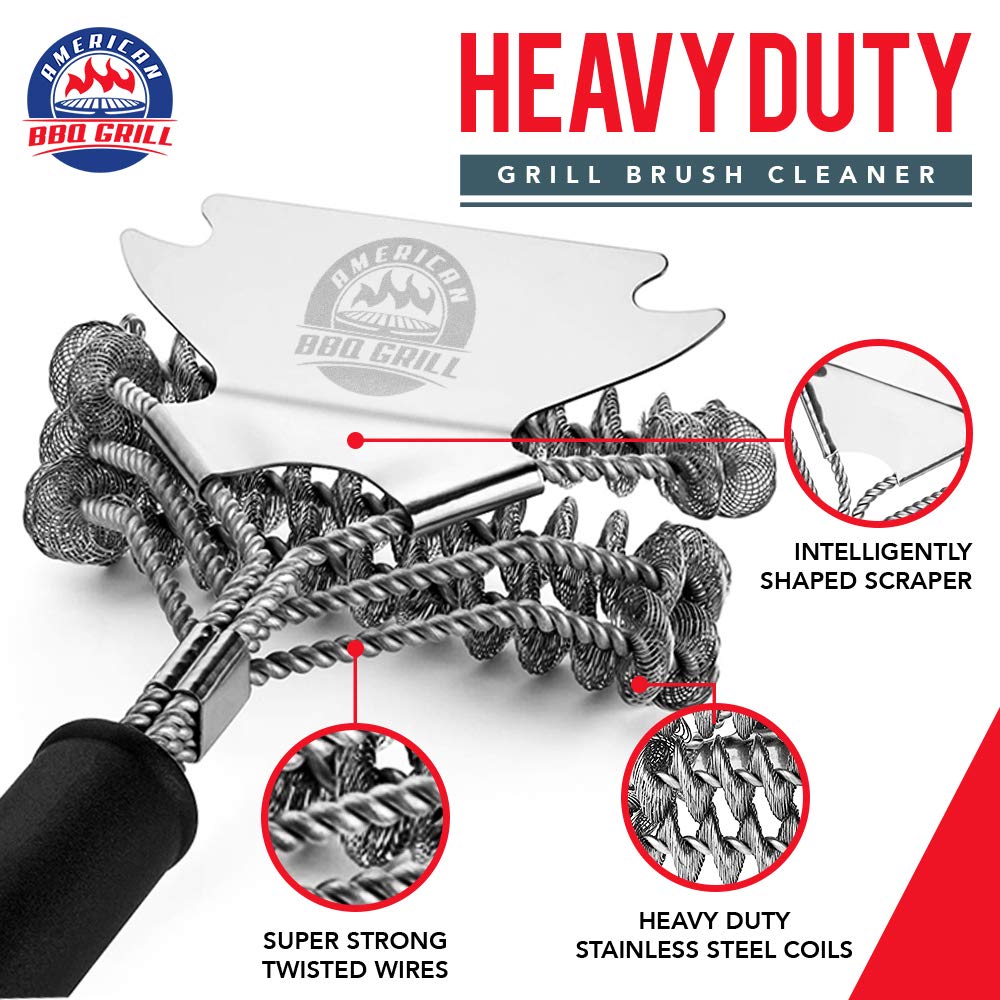 American BBQ Grill Cleaning Brush - Premium Barbecue Cleaner and Scraper Accessories - Best and Safe Grate Kit - Suitable For All Grilling Tools Including Gas, Charcoal - 10 Year Warranty