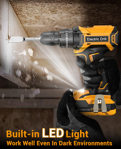 Cordless Drill Driver 21V, Cordless Hammer Drill with 2 Batteries 2000mAh, 25+3 Torque, 42N.m Max Electric Drill, 14PCS Drill Bits, 2 Speed, LED Light for Home and Garden DIY Project