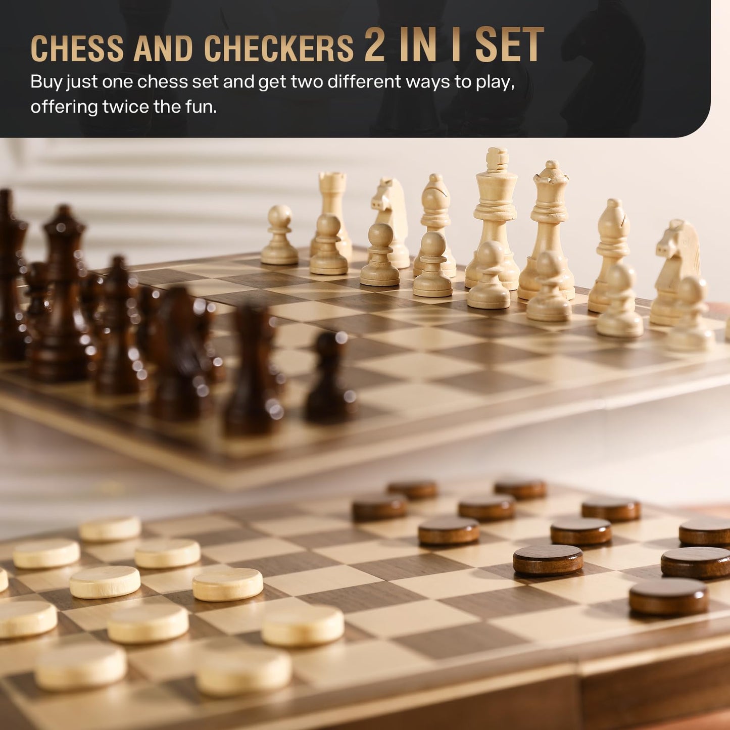 - Peradix Chess Set and Draughts Board Games | 2 in 1 Set | 39x39cm Magnetic Foldable Walnut Wooden Chess Board -