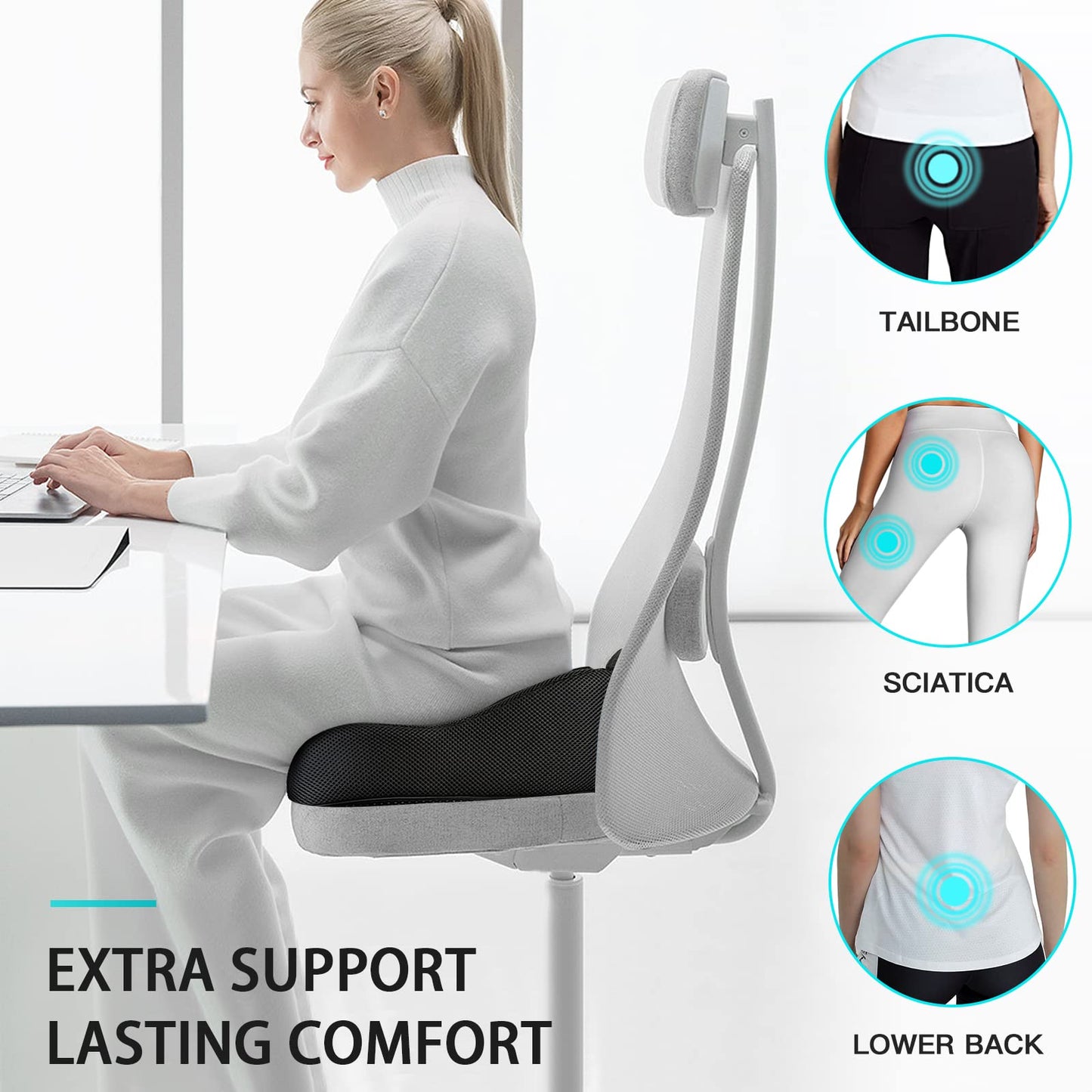 Benazcap Memory Seat Cushion for Office Chair Sciatica & Back Pain Relief Memory Foam Firm Coccyx Pad for Car, Wheelchair, Gaming chair and Desk Chair
