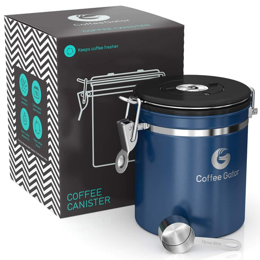 Coffee Gator Coffee Storage - Stainless Steel Tea and Sugar Containers - Canisters w/Date-Tracker, CO2 Valve for Freshness & Scoop - Medium, Blue