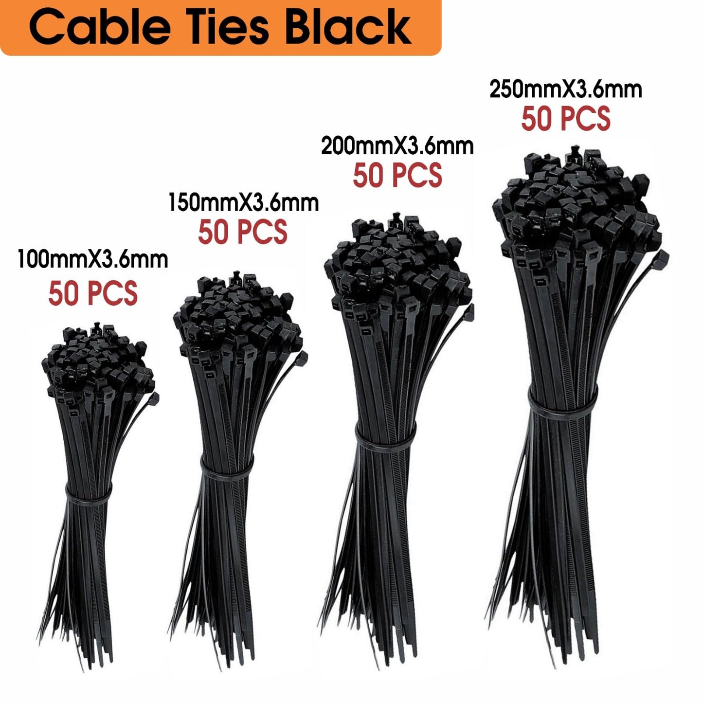 200Pcs Cable Ties Assortment -Mix Black Zip Ties Set with 4 Sizes (100/150/200/250mm) x 3.6mm Heavy Duty Nylon Cable Ties for Wire Management, Black Cable Ties Heavy Duty Zip Ties
