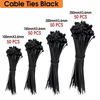 200Pcs Cable Ties Assortment -Mix Black Zip Ties Set with 4 Sizes (100/150/200/250mm) x 3.6mm Heavy Duty Nylon Cable Ties for Wire Management, Black Cable Ties Heavy Duty Zip Ties