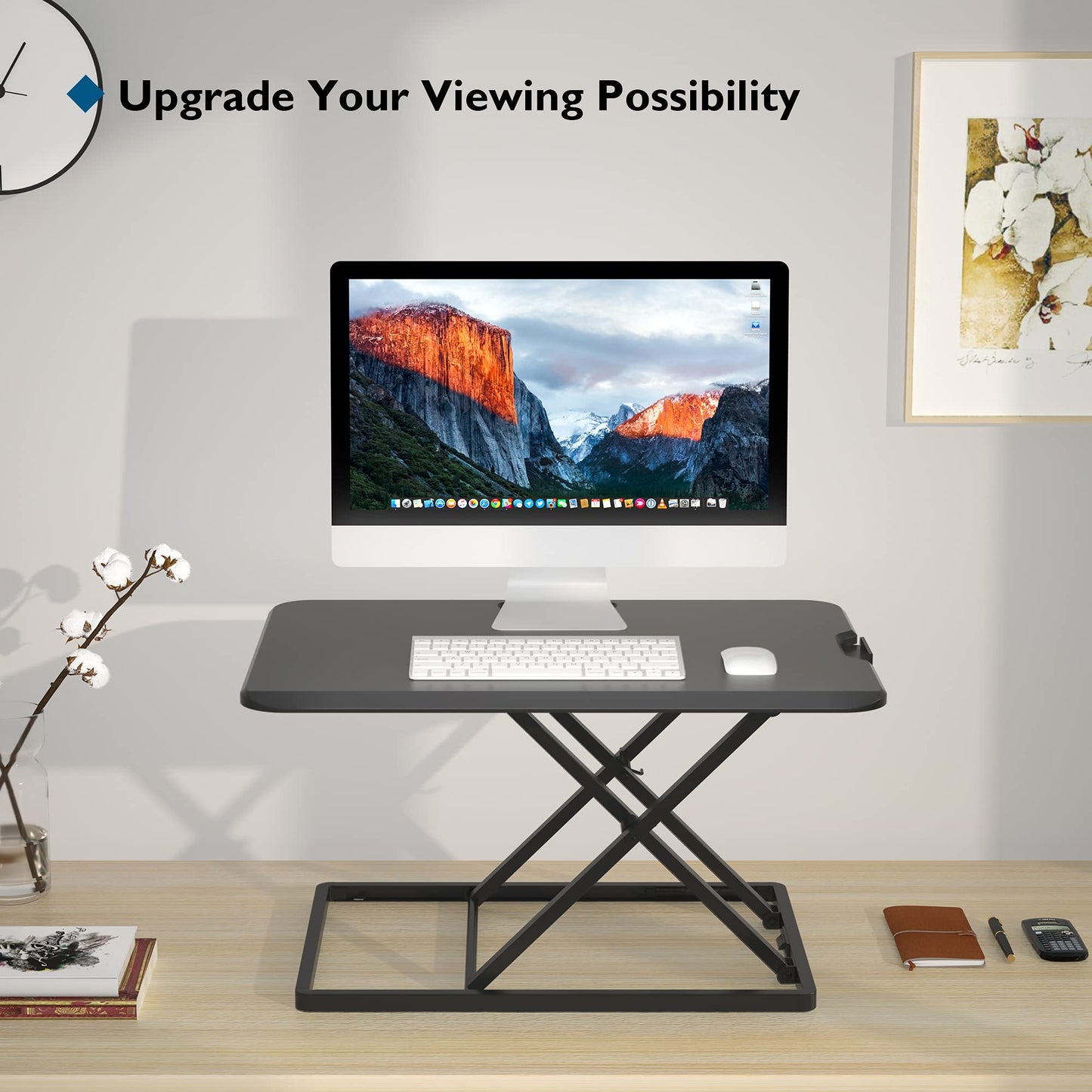 BONTEC Standing Desk Converter 67x47cm, Height Adjustable Sit Stand desk Converter Workstation, Ergonomic X-Frame Desk Riser for Laptop, Monitor, Keyboard Home Office, Ultra-Slim Desk Raiser up to 8kg